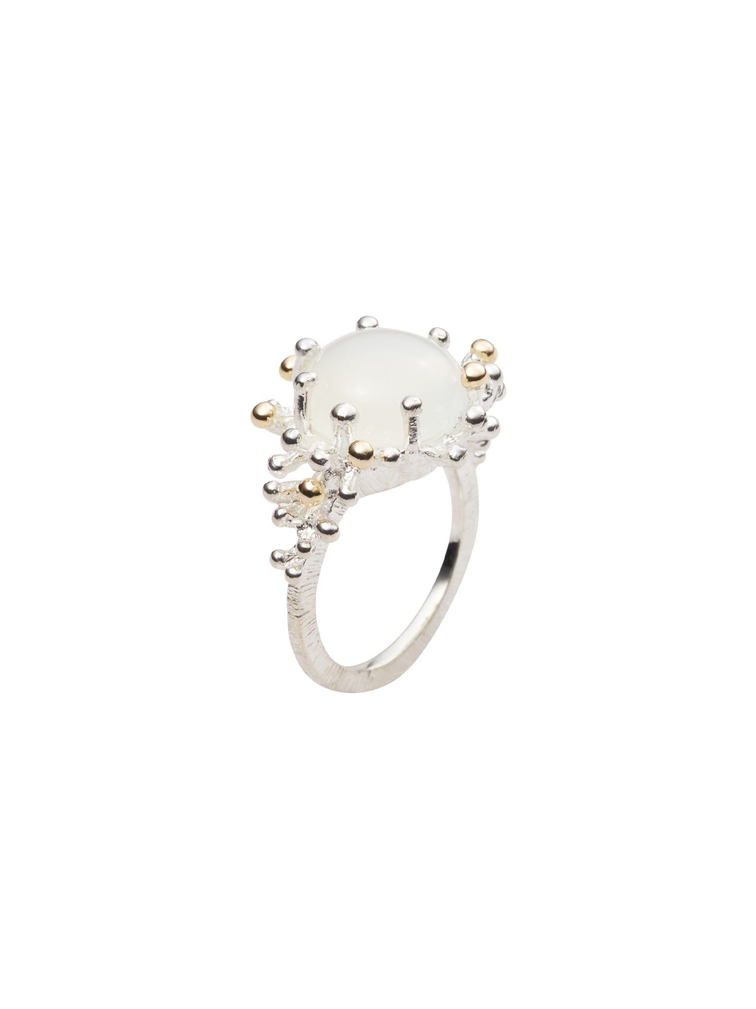 Sea anemone ring in silver and 18k yellow gold with white moonstone